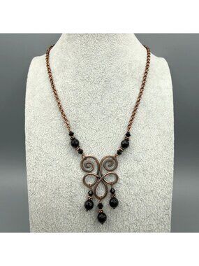Handcrafted Copper Black Bead Scroll Swirl Pendant Necklace
